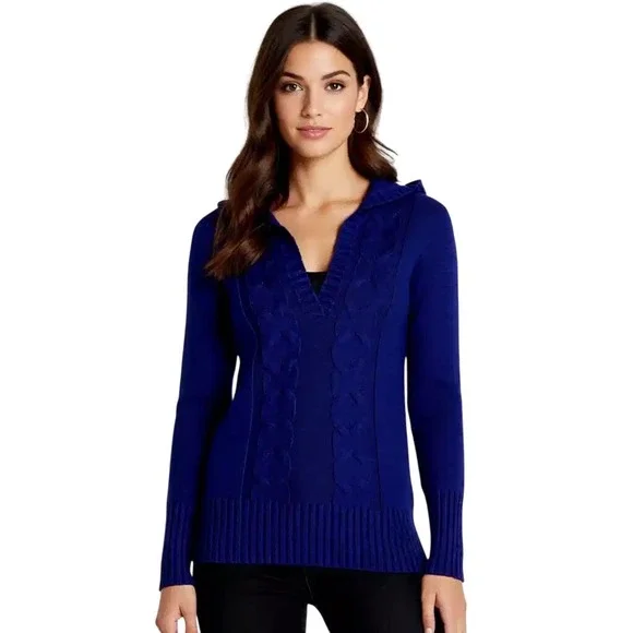 Old Navy Women Royal Blue Cable Knit Hooded V Neck Sweater Long Sleeve XS NWT - Picture 3 of 7